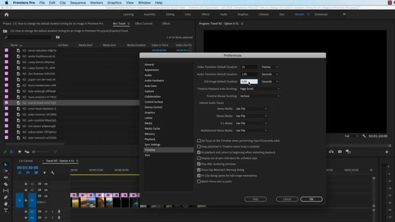 Premiere Pro Preferences dialog open to the Timeline tab, highlighting the 