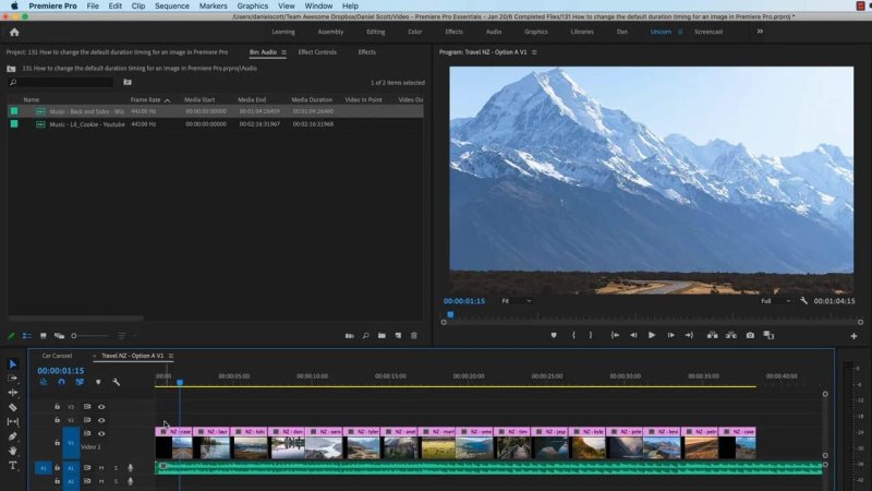 Premiere Pro timeline showing shortened image clips placed consecutively on track V1 below the Program Monitor landscape preview.