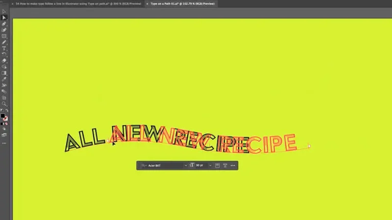 preview of text adjustment over curved path in Adobe Illustrator.