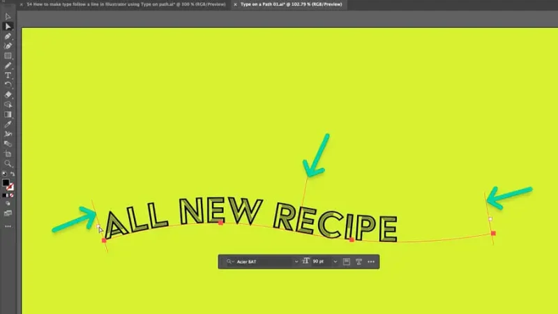 highlighted curved path limits in Adobe Illustrator.