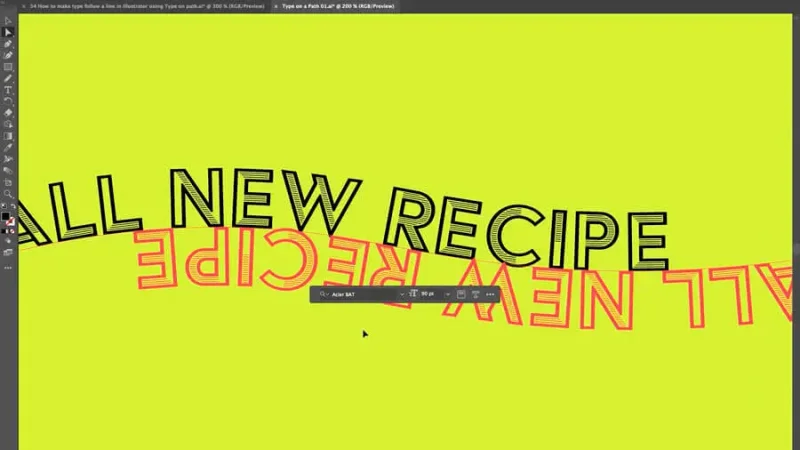 preview of text over curved path horizontal flipping in Adobe Illustrator.