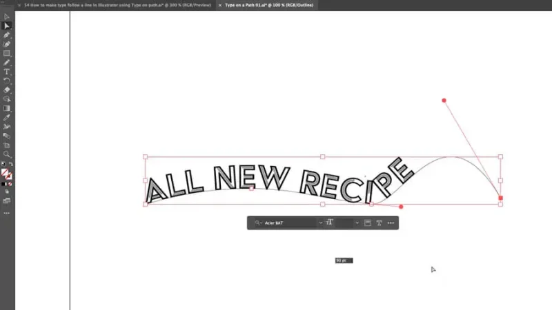 highlighted text placed in curved path inside outline mode in Adobe Illustrator.