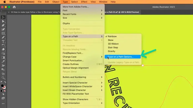 highlighted type on a path options feature selected in Adobe Illustrator.