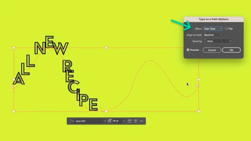 stair step effect preview on text on a curved path in Adobe Illustrator.