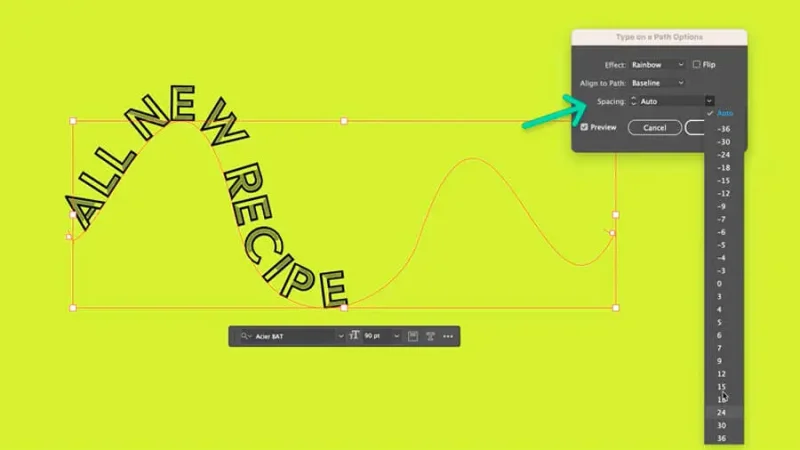 Spacing settings inside type on a path options dialog box and preview in Adobe Illustrator.