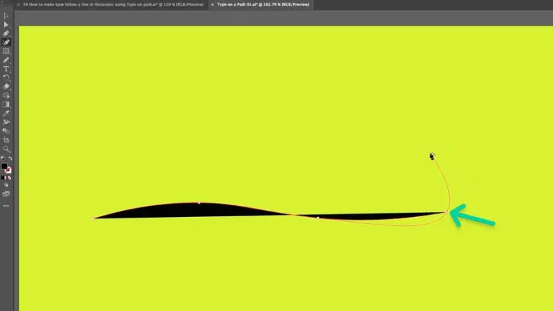 highlighted path with black fill drawn with the curvature tool in Adobe Illustrator