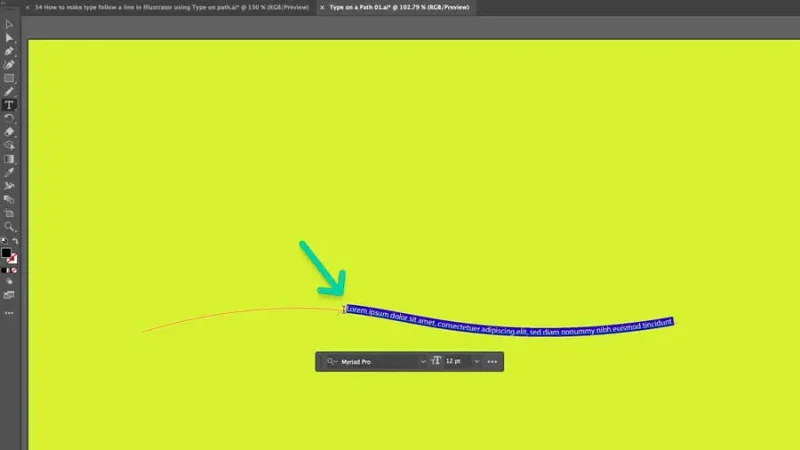 highlighted lorem ipsum placeholder text placed in curved path in Adobe Illustrator.