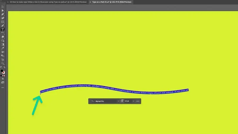 highlighted first anchor point in curved path with placeholder text in Adobe Illustrator.