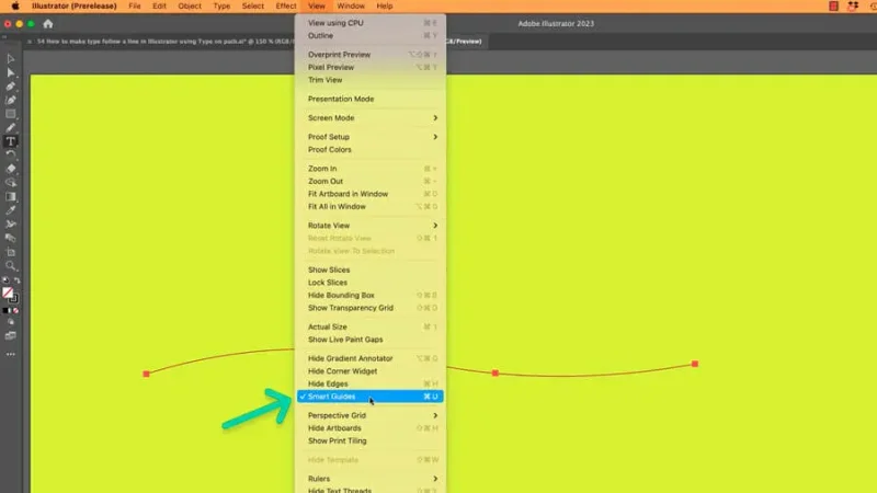 highlighted smart guides option from view menu in Adobe Illustrator.