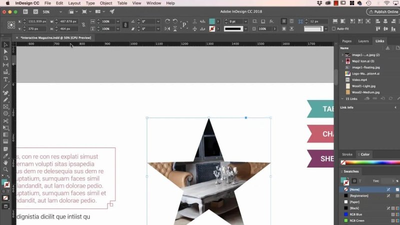 InDesign document showing a star-shaped vector frame filled with an interior living room photograph, alongside a body text frame.