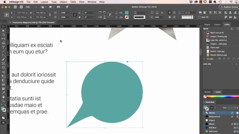 InDesign layout featuring a teal speech bubble vector shape positioned over a multi-column text frame, with the Links panel open.