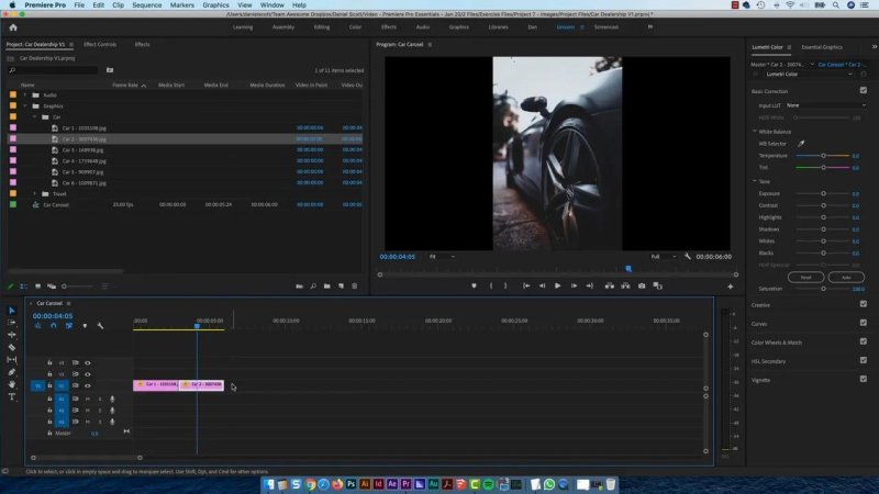 Premiere Pro workspace showing imported vertical car photos placed onto sequence track V1, with pillarbox black bars visible in the 16:9 Program Monitor.