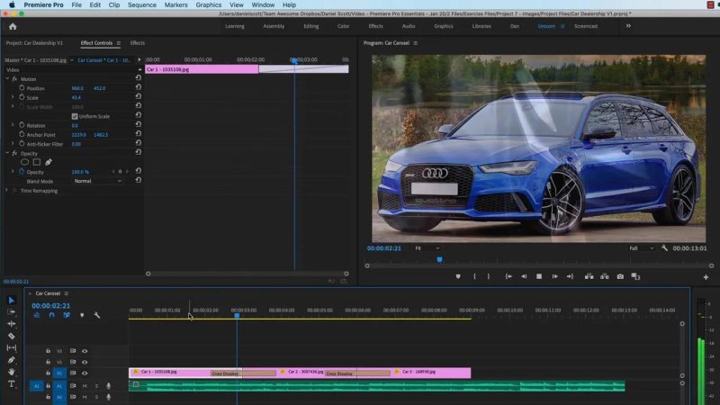 Premiere Pro Effect Controls panel scaling and reframing a blue car image to fit the 16:9 frame, with Cross Dissolve transitions applied between clips on the timeline.