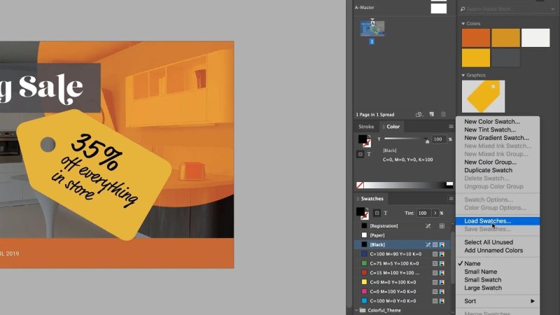 InDesign workspace with the Swatches panel flyout menu open, highlighting the 