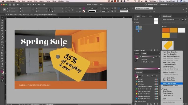 InDesign workspace with the Swatches panel menu open, highlighting the 