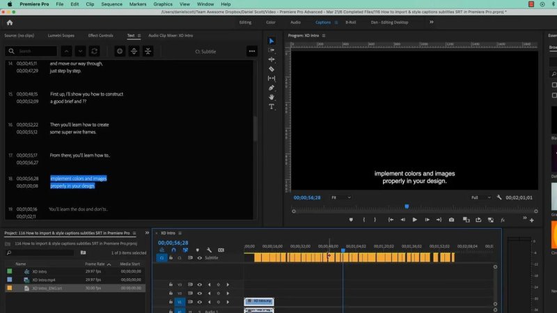 Adobe Premiere Pro workspace showing the Text panel with timed subtitle entries on the left, an orange subtitle track on the timeline, and white subtitle text centered over a black Program Monitor.