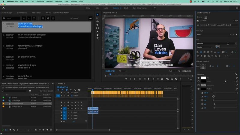 Premiere Pro workspace displaying Hindi text in the Text panel alongside broken, rectangular placeholder boxes in the Program Monitor subtitle overlay caused by missing font support.