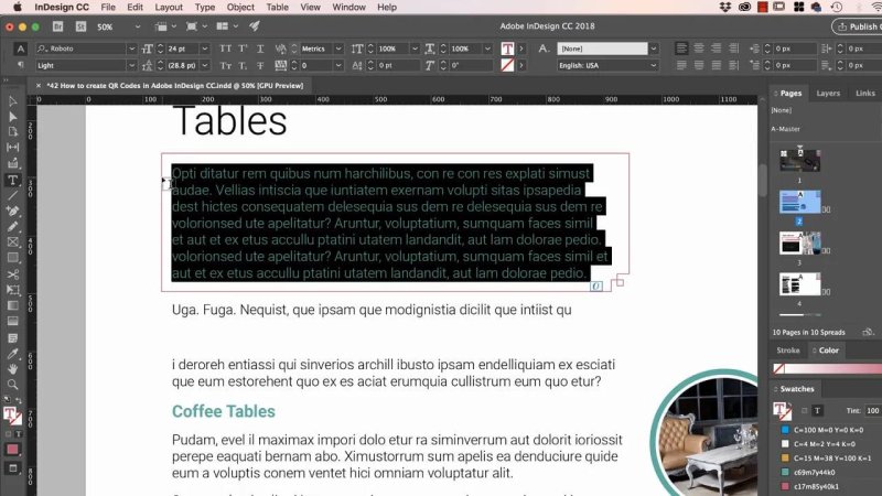 InDesign document layout showing a paragraph of Latin placeholder text highlighted within a red frame under the title 