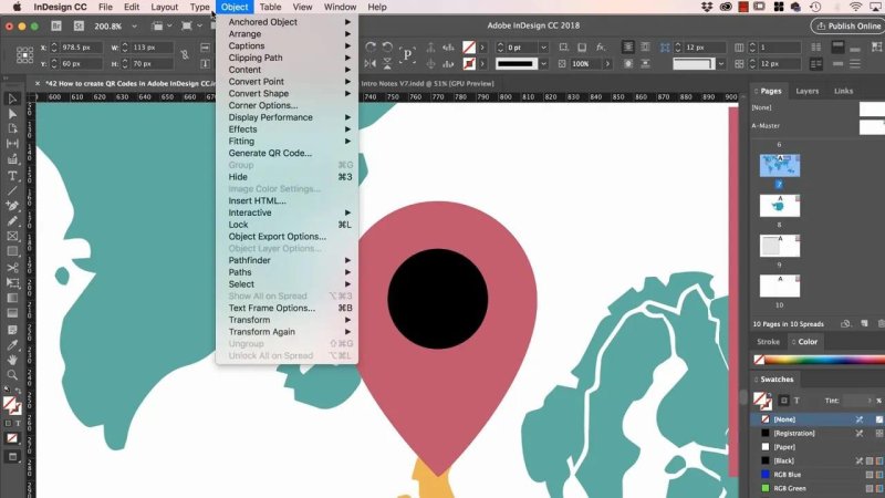 InDesign document zoomed into a pink map pin graphic with the main Object application menu open.