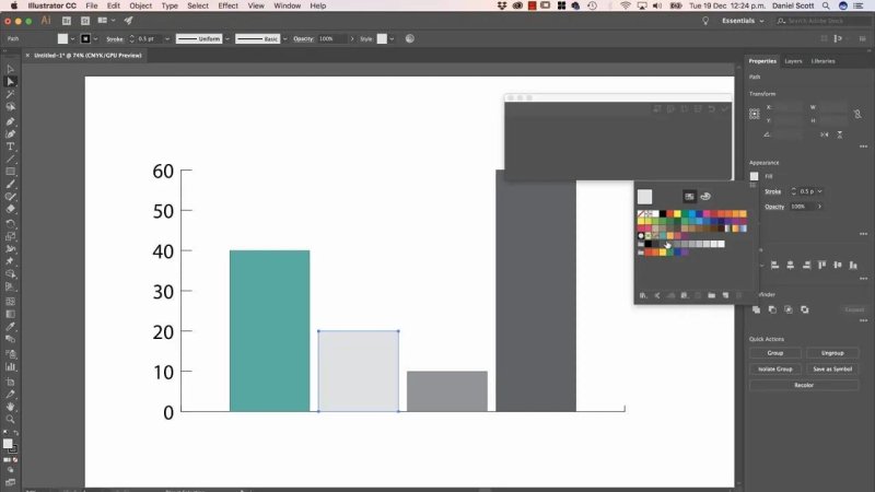 Adobe Illustrator workspace showing a custom vector bar chart being colored using the Swatches palette.