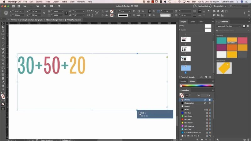 Adobe InDesign page showing colored numerical text 