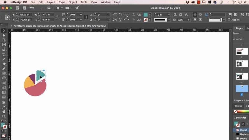 Adobe InDesign page displaying a vector pie chart with a teal slice offset from the rest of the chart.
