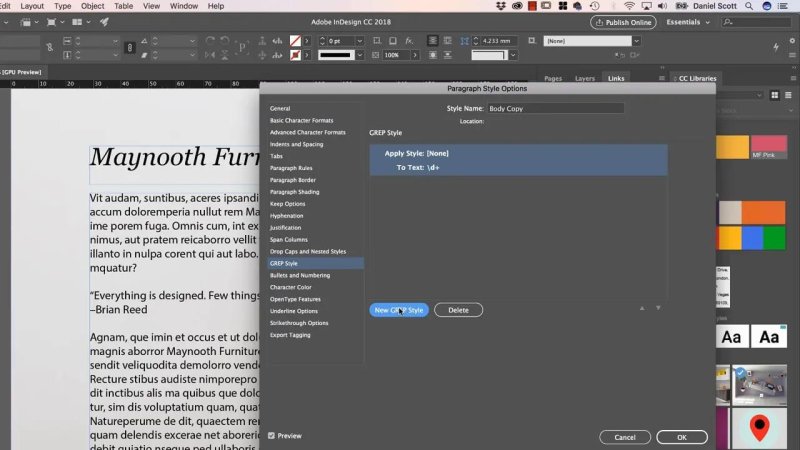Adobe InDesign CC workspace displaying the Paragraph Style Options modal for 