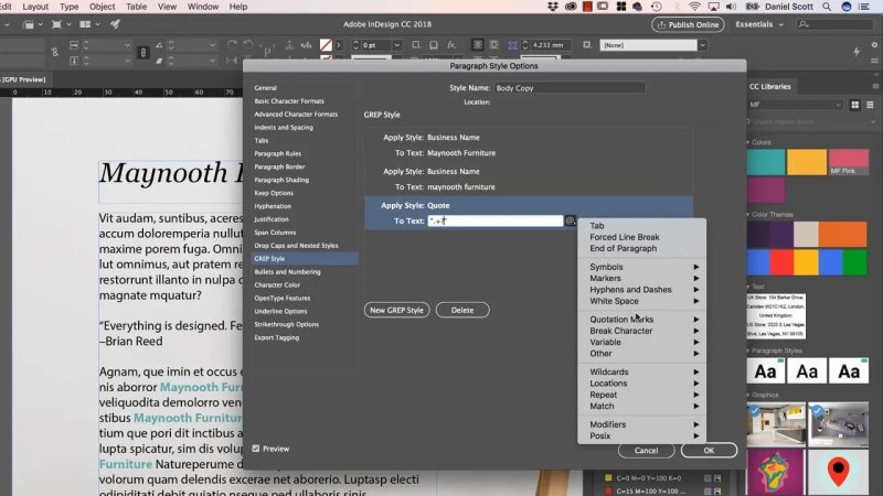 Adobe InDesign GREP Style options showing multiple automated rules and a contextual menu for special characters and expressions.