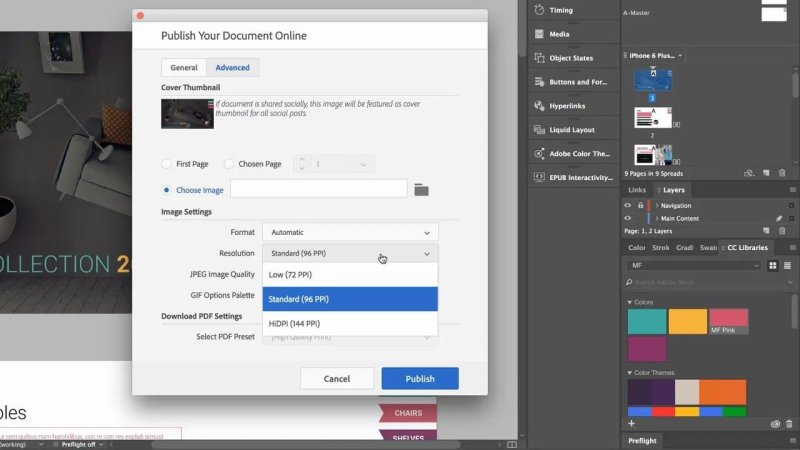 Adobe InDesign Publish Online dialog box open to the Advanced tab, showing cover thumbnail settings and resolution drop-down options.