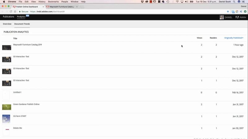 Adobe Publish Online Dashboard listing published documents with view counts, reader totals, and publication dates.