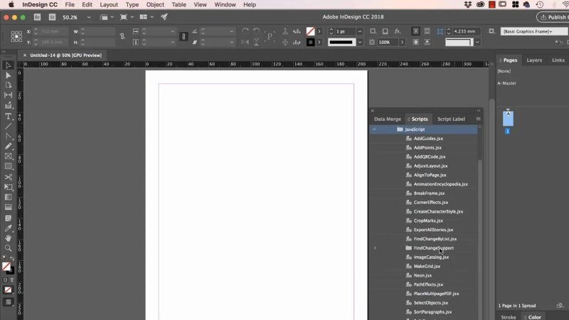 InDesign workspace with the Scripts panel open, displaying the built-in JavaScript sample scripts list beside a blank document.