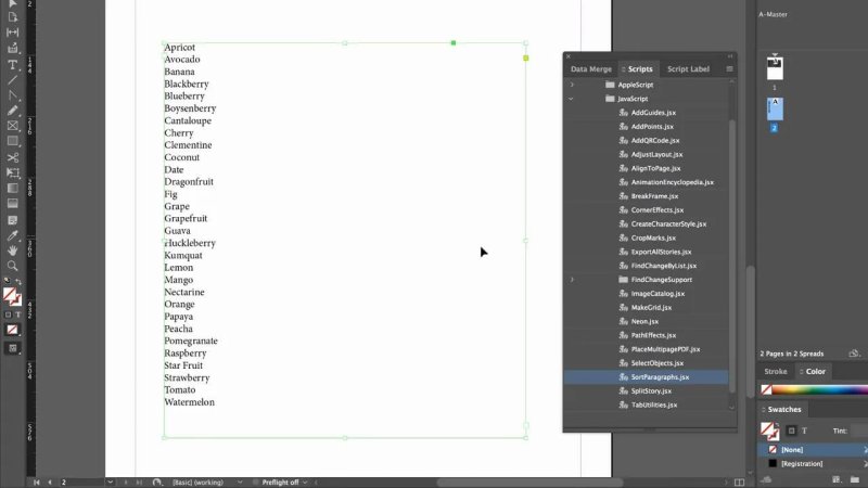 InDesign workspace showing an alphabetized text list inside a frame after running the 