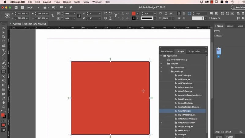 InDesign canvas displaying crop marks generated around the perimeter and center of a selected red rectangle via script.
