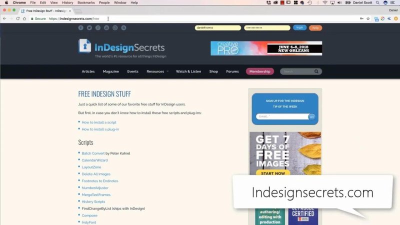Web browser displaying the InDesignSecrets website page for free downloadable InDesign scripts and plug-ins.