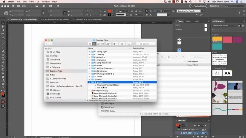 macOS Finder window navigating through exercise folders to access custom .jsx InDesign script files.