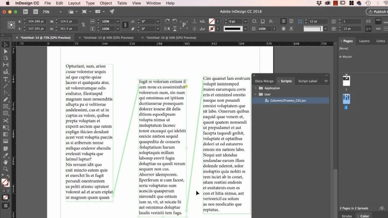 InDesign layout showing a multi-column text story converted into individual column frames using the 