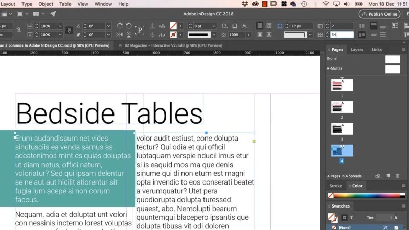 Adobe InDesign multi-column layout showing a highlighted teal intro paragraph constrained within the left text column.