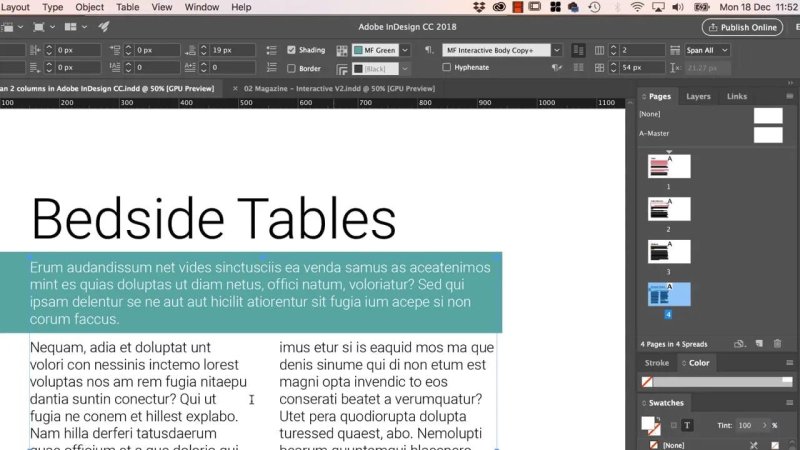 Adobe InDesign layout showing a teal intro paragraph spanning across both columns using the 