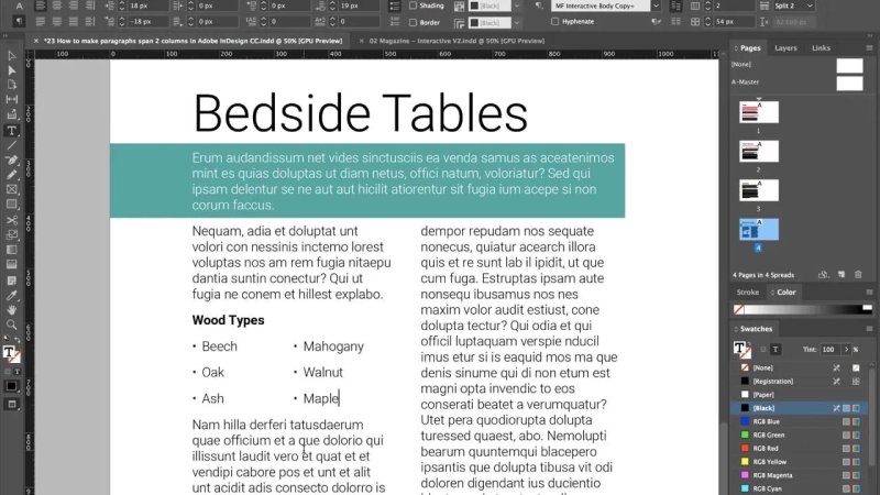 Adobe InDesign multi-column page showing a bulleted list divided into sub-columns using the 
