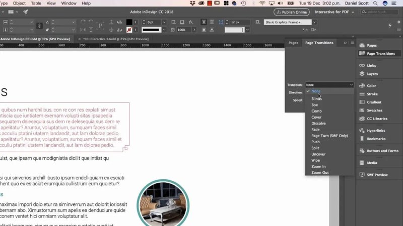 Adobe InDesign Export to Interactive PDF modal window showing General export settings including page transitions set to 