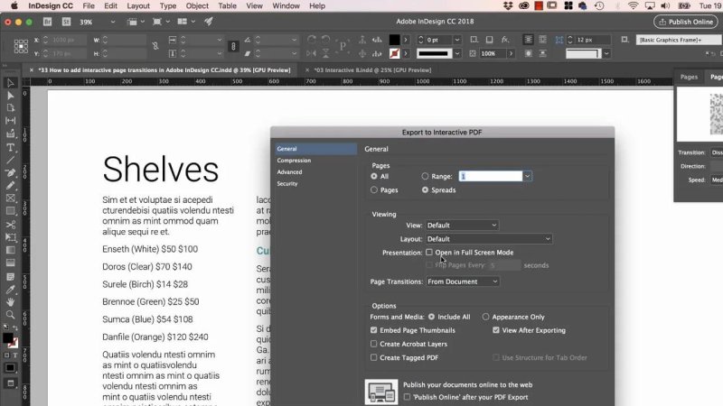 Adobe InDesign Export to Interactive PDF modal window showing General export settings including page transitions set to 