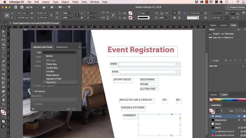 InDesign workspace with the Buttons and Forms panel open, selecting the 