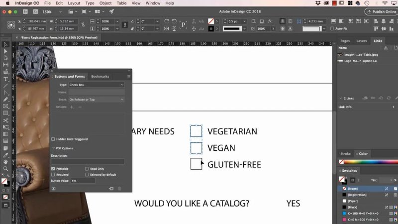 InDesign document zoomed into dietary requirements checkboxes, configuring form element properties in the Buttons and Forms panel.