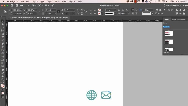 InDesign workspace showing a blank layout with teal globe and mail icons placed at the bottom.