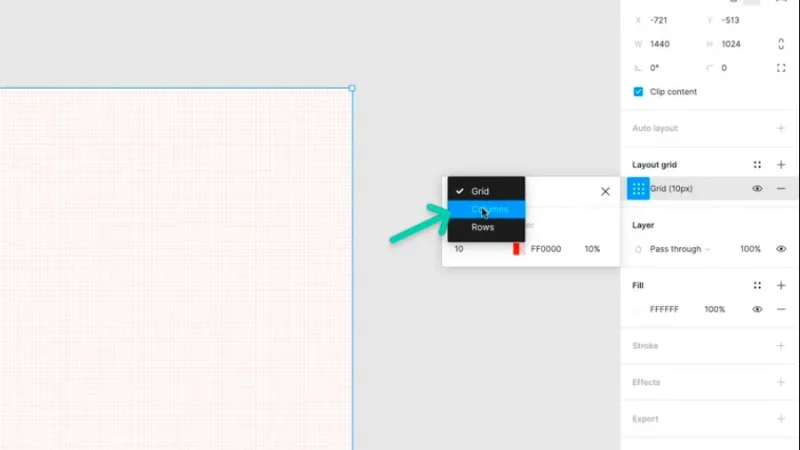 grid style dropdown menu with the option columns highlighted in figma