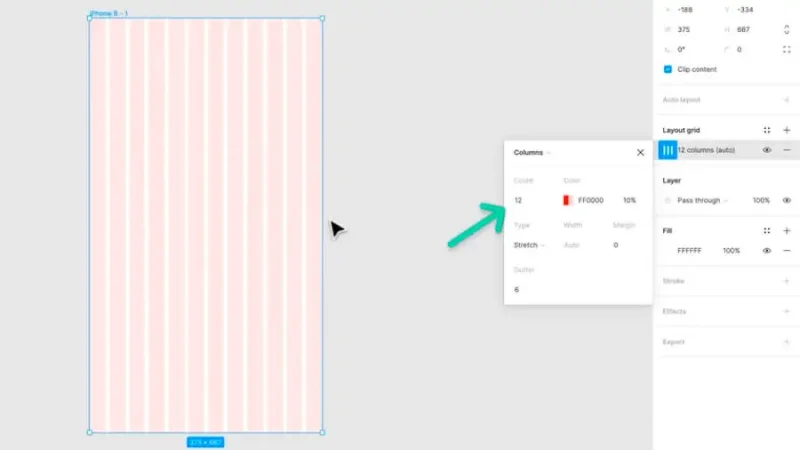 example of a 12-column grid on a mobile screen frame in figma