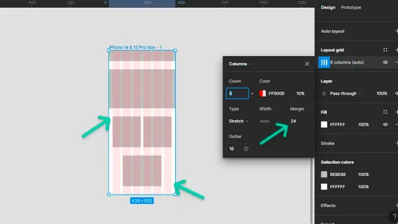 highlighted margins inside a 6-column grid in figma