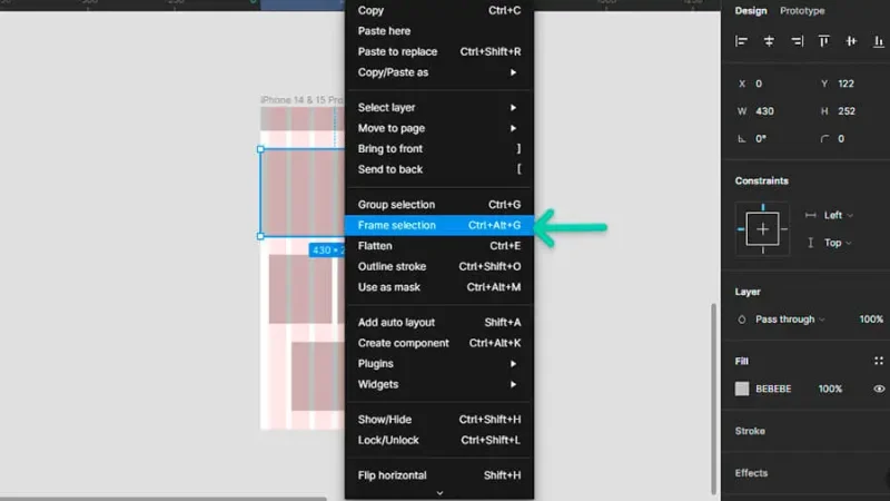 frame selection option and shortcut in figma