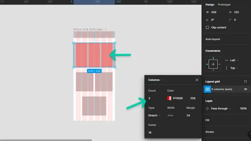 3-column layout grid inside a nested frame in figma