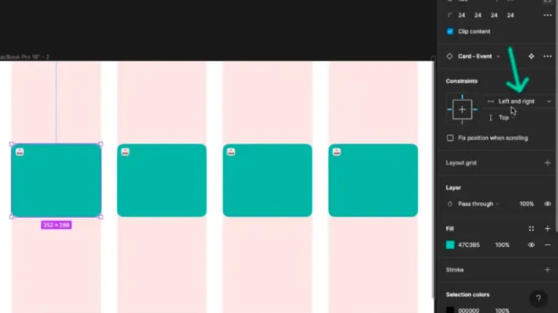 constraints settings for UI cards placed over a grid in figma